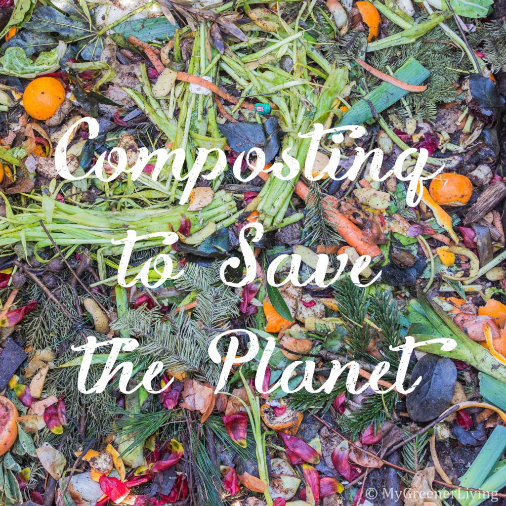 Composting to save the planet text over image of compost pile