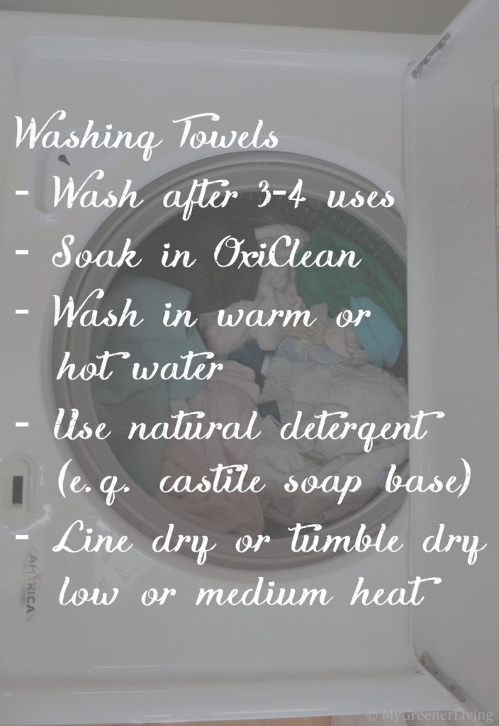 instructions for washing towels overlaid on photo of towels in washing machine