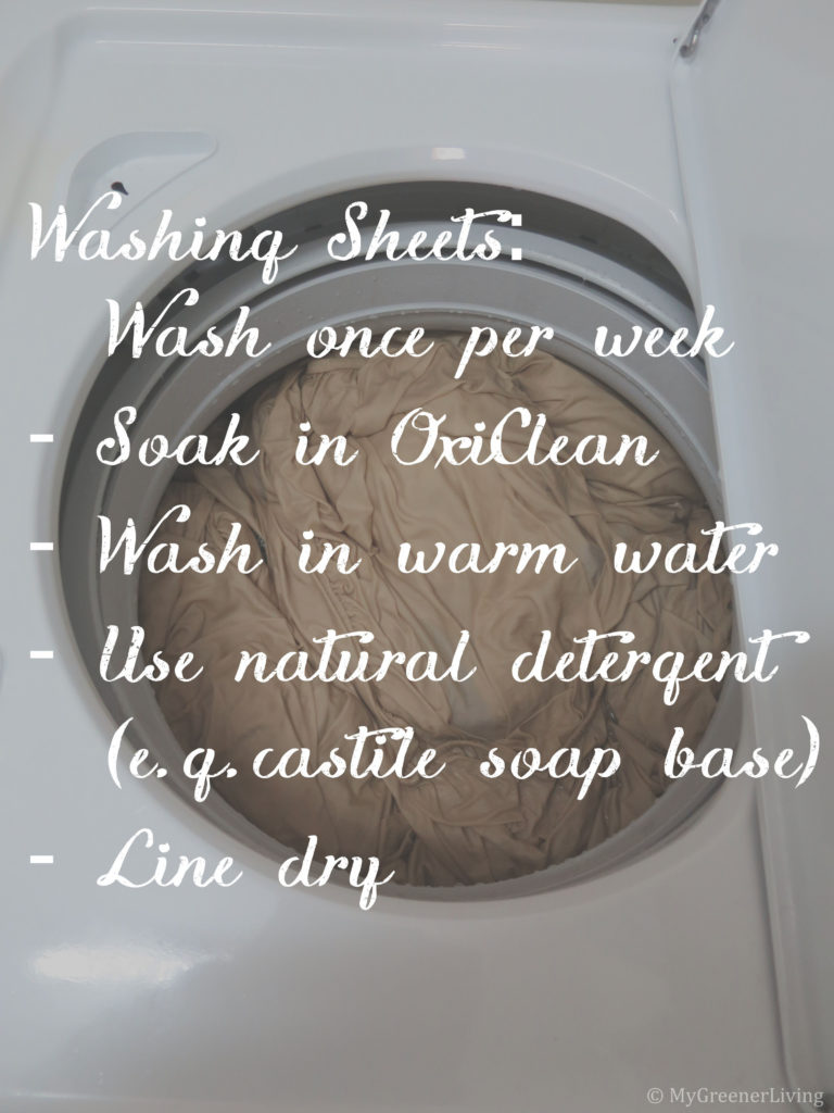 How to wash sheets. Sheet washing guidance overlaid on photo of sheets in washing machine