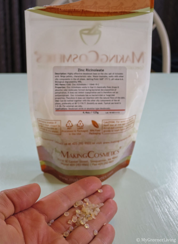 package of zinc ricinoleate with pellets shown