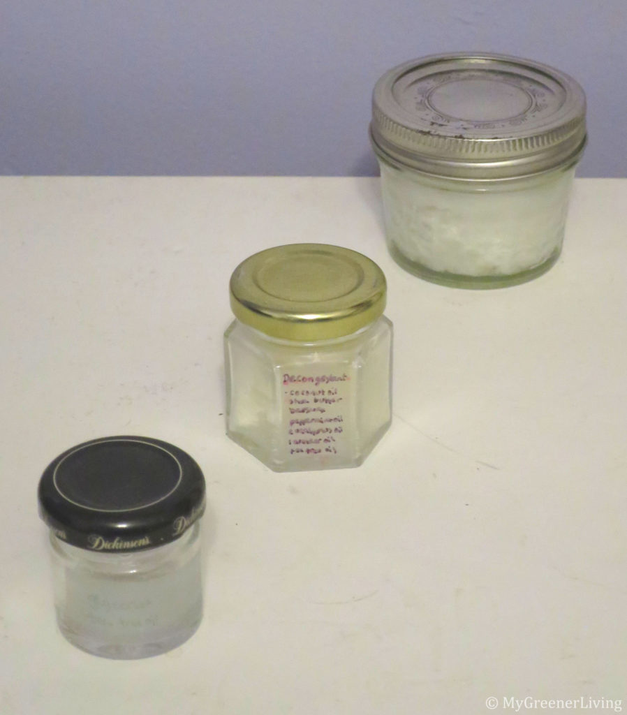 glycerine-tea tree oil, decongestant salve, and coconut oil moisturizer