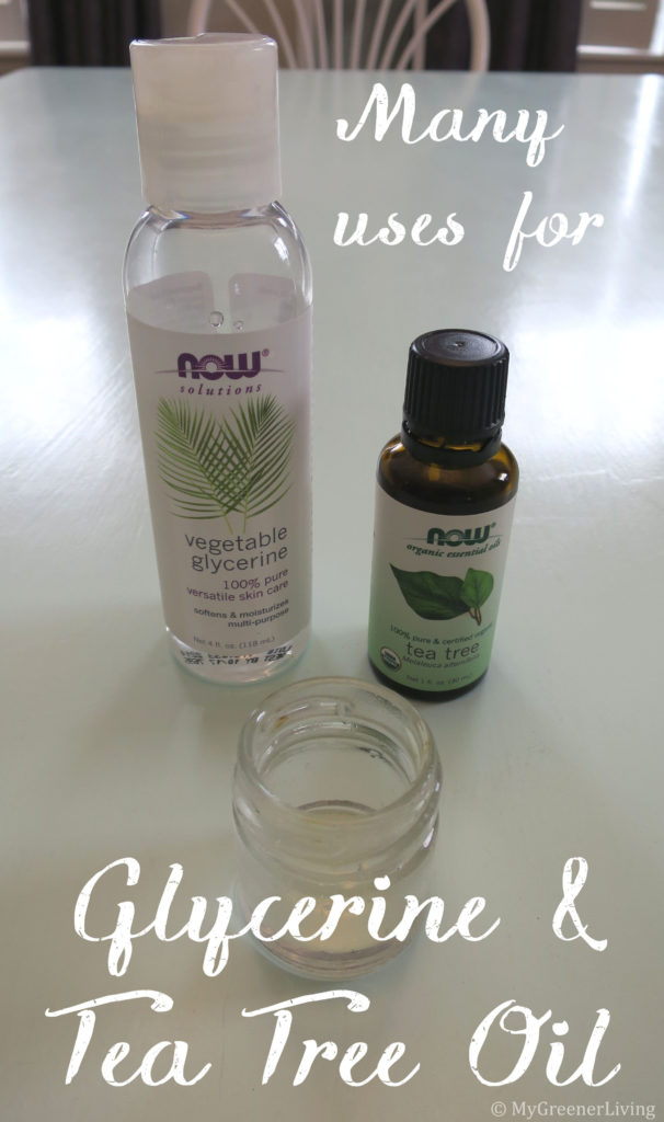 "many uses for glycerine and tea tree oil" text over an image of a bottle of vegetable glycerine, organic tea tree oil, and a mixture of glycerine and tea tree oil