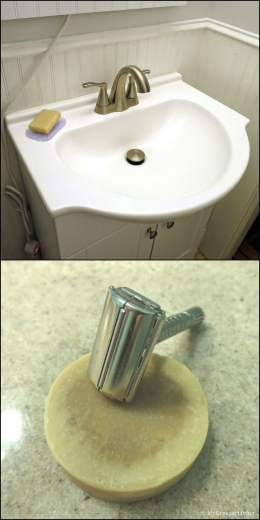 bar castile soap as hand soap on a sink and as a double edge safety razor shaving cream