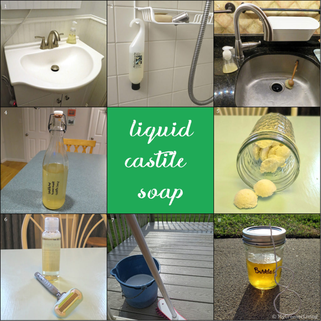 photos of castile soap as hand soap, face wash, dish soap, purse undiluted castile soap, in laundry soap pods, as a shaving cream, in a deck wash, and in bubbles