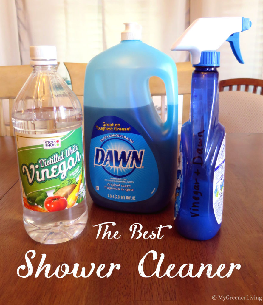 Dawn dish detergent, 5% white vinegar and spray bottle for shower cleaner