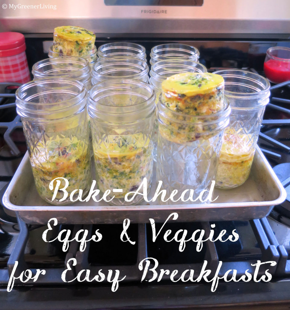 title "Bake-Ahead Eggs & Veggies for Easy Breakfasts" over pictures of baked veggies & eggs in mason jars