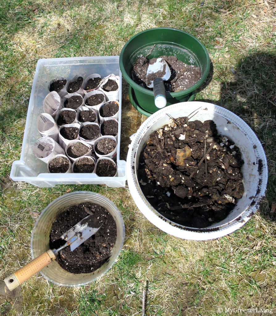 newspaper seed starters, potting soil, compost, and potting soil-compost mixture