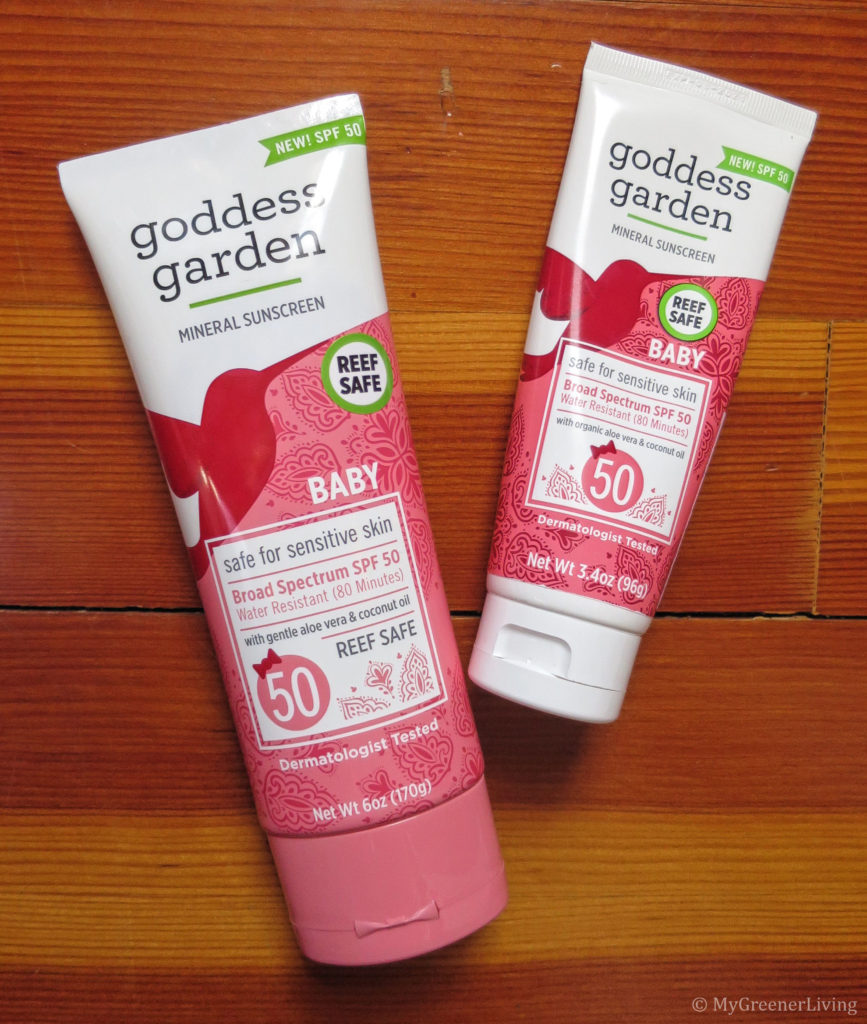 bottle of 3.4 oz and 6 oz Goddess Garden Baby SPF 50 Sunscreen