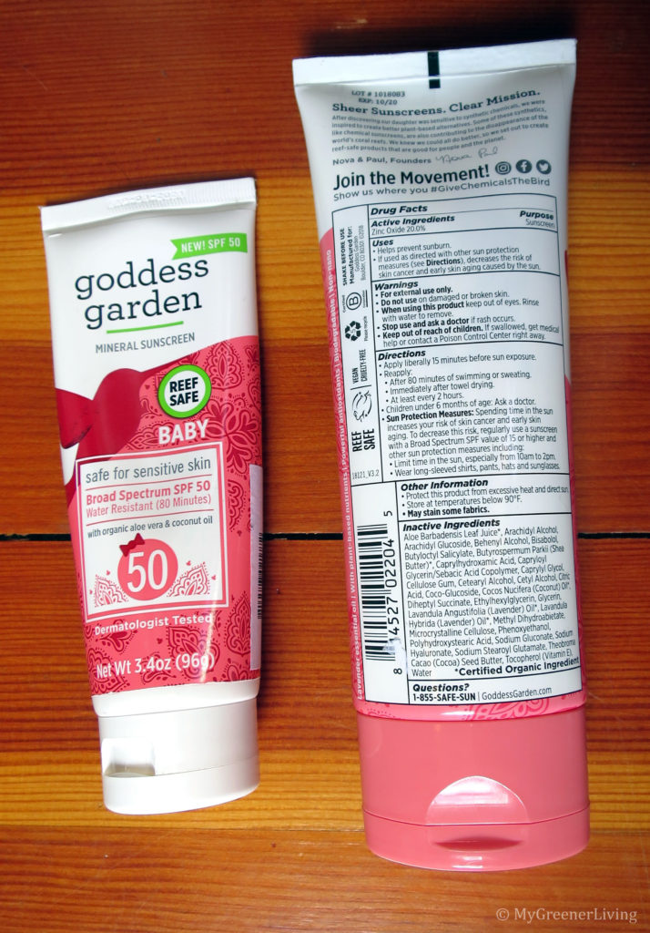 two bottles of Goddess Garden Baby SPF 50 Sunscreen, one showing the front and the other showing the back with ingredients