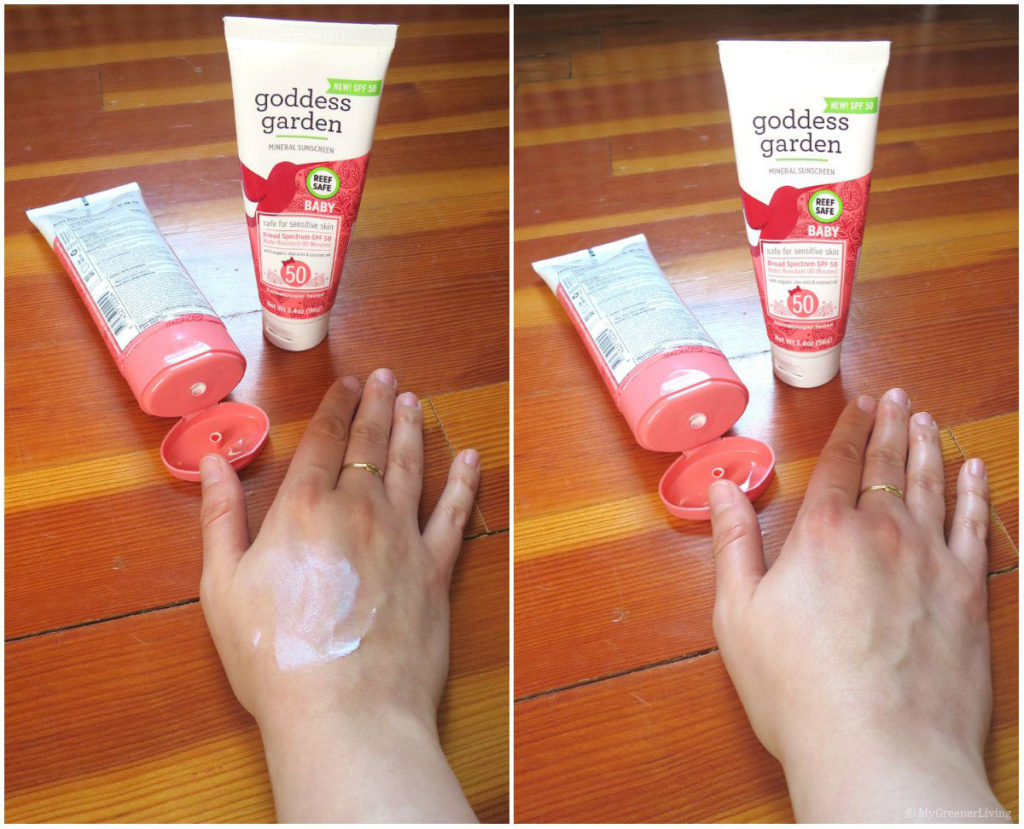 side by side photos of Goddess Garden Baby SPF 50 Sunscreen bottles next to a hand, left photo has sunscreen lotion that has been lightly rubbed into skin, right photo shows all of the same, only after the sunscreen lotion has been rubbed in. no white residue remains.