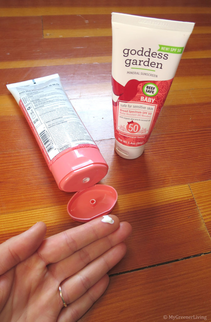 Goddess Garden Baby SPF 50 Sunscreen lotion squeezed out onto finger tip