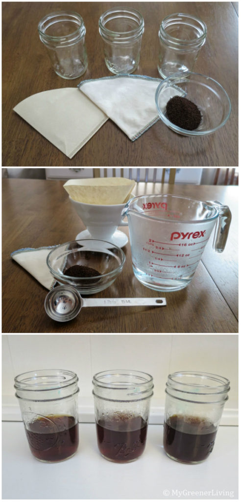 3 photos from blind taste test: setup with paper filter, cotton filter, and bowl of ground coffee; measuring implements; 3 jars of coffee brewed 3 different ways