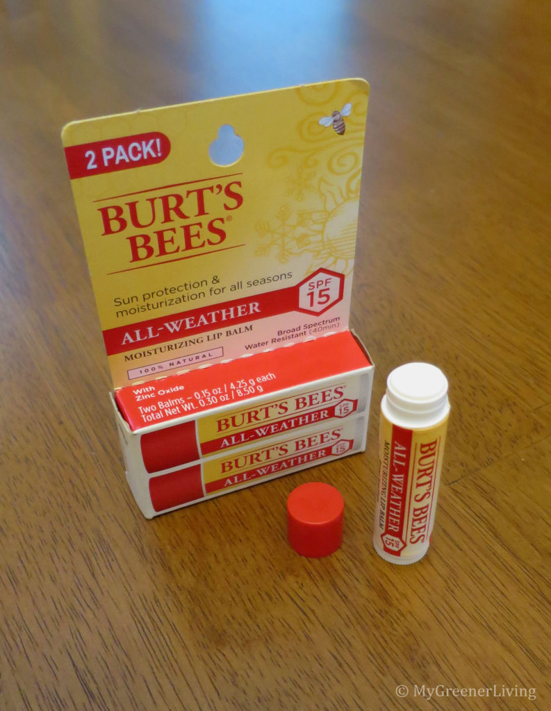 Burt's bees all weather SPF 15 lip balm package and open tube