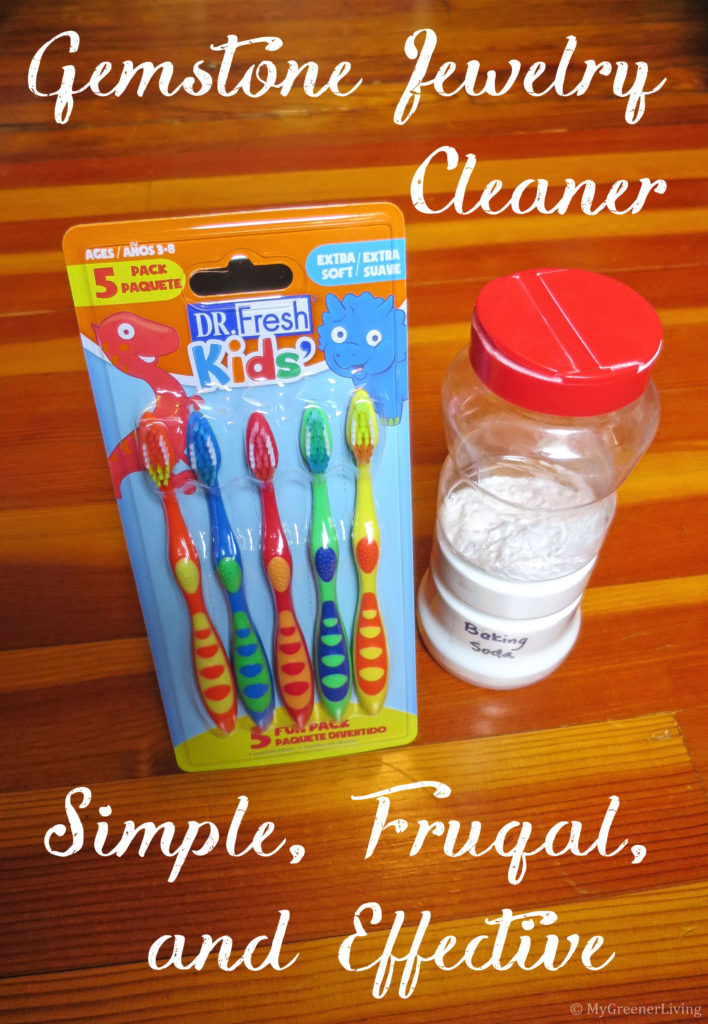 package of 5 extra soft bristly kids toothbrushes and a jar of baking soda, with text "gemstone jewelry cleaner - simple, frugal, and effective"